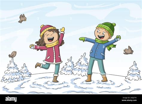 Two Kids Playing In The Snow Hand Drawn Vector Illustration With