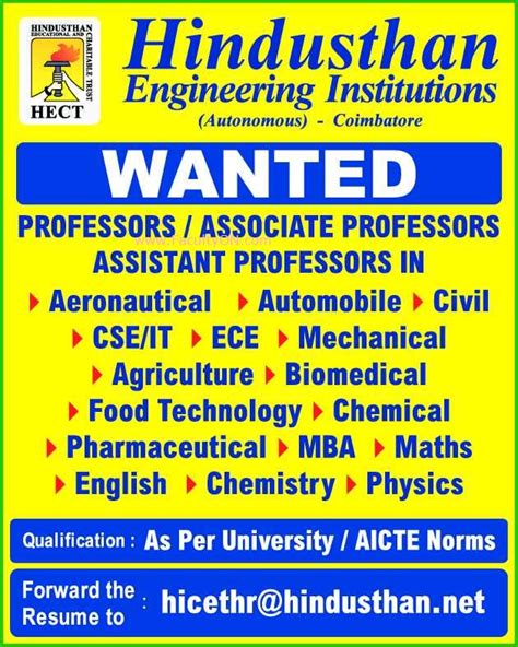 hindusthan engineering institutions coimbatore wanted teaching faculty faculty teachers