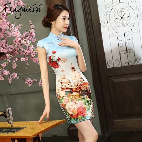 fengmeisi women chinese girl cheongsam short qipao style silk sexy dress split floral print