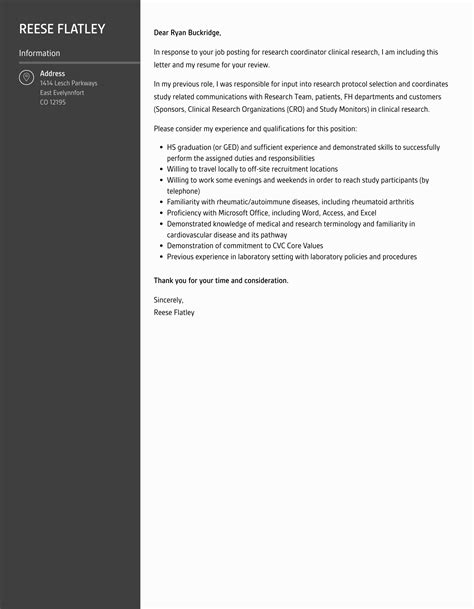 Research Coordinator Clinical Research Cover Letter | Velvet Jobs