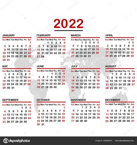 2022 Kalendář S Mapou Světa — Stock Vektor © Hibrida13 329056258
