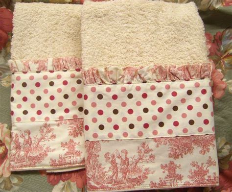 2 Pink Polka Dots And Toile Waverly Fabric On Cream Hand Towels Pretty Waverly Fabric