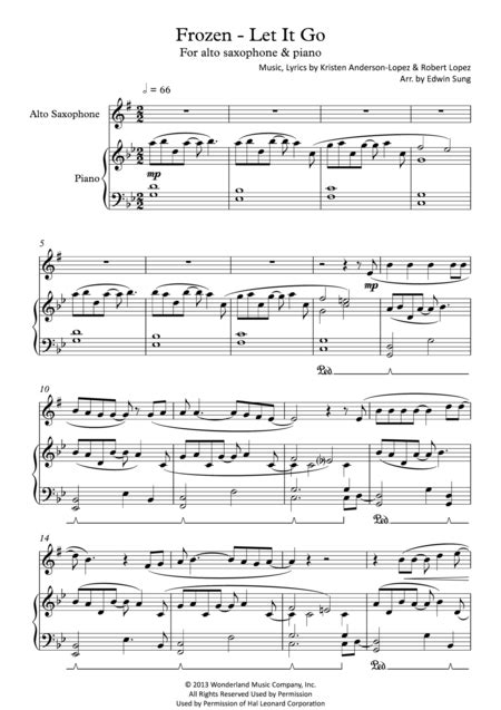 Frozen Let It Go For Alto Saxophone Piano Including Part Score Music