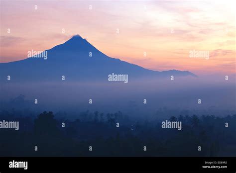 Sunrise Mountain Landscape Of Mount Merapi Volcano From Borobudur