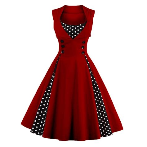 Womens Red Vintage Dress Polka Dots Patchwork 50s 60s 70s Retro Style Pin Up Rockabilly Swing