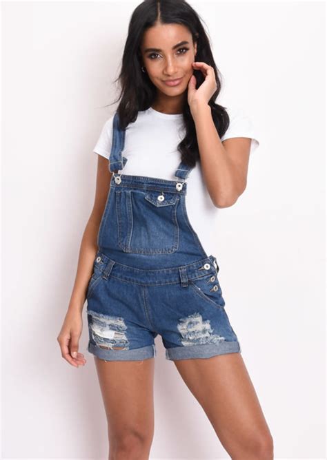 Ripped Detail Denim Dungaree Shorts Blue Lily Lulu