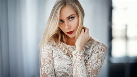 Women Model Depth Of Field Blonde Face Blue Eyes Long Hair Portrait See Through Clothing