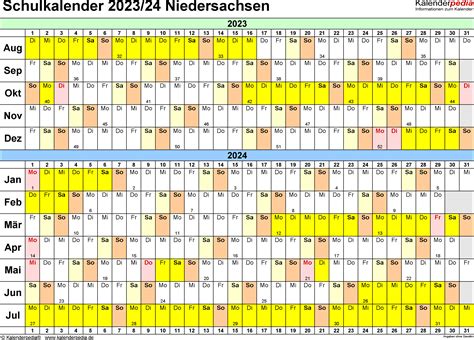 Schulkalender 20232024 Niedersachsen Für Excel