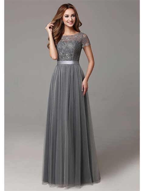 Discover these helpful tips for buying long dresses for women. 2017 Grey Long Modest Lace Tulle Floor Length Women ...