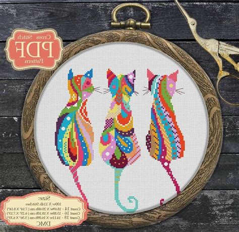 On 28 count evenweave orver 2 fabric threads or 14 count aida, the stitched area will measure: Mandala Three Cats - Cross stitch PDF Pattern