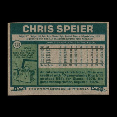 Chris Speier 1977 Topps San Francisco Giants 515 Set Break Nice Ebay
