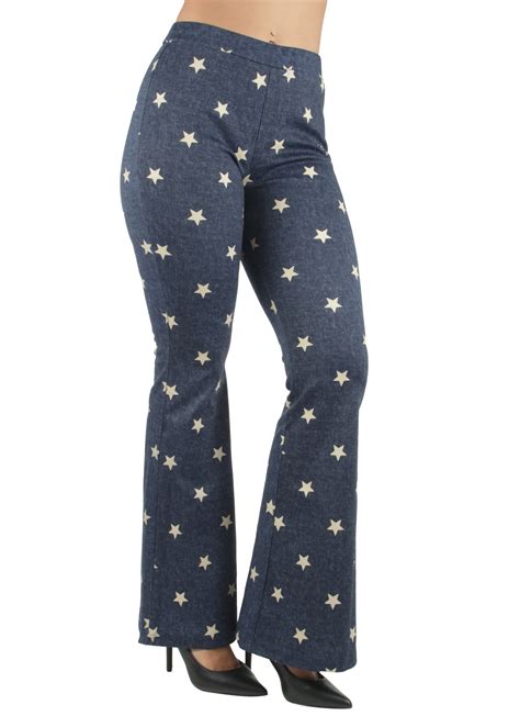 Womens Juniors Elastic Waist Star Print Bell Bottom Flared Bootleg