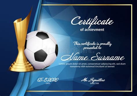 Soccer Certificate Diploma With Golden Cup Vector Football Sport