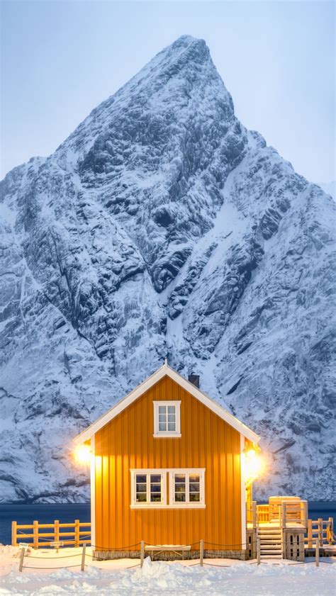 Download Wallpaper 800x1420 House Lights Mountain Snow Winter