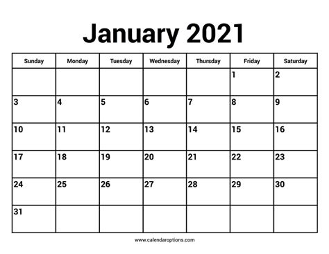January 2021 Calendar Calendar Options