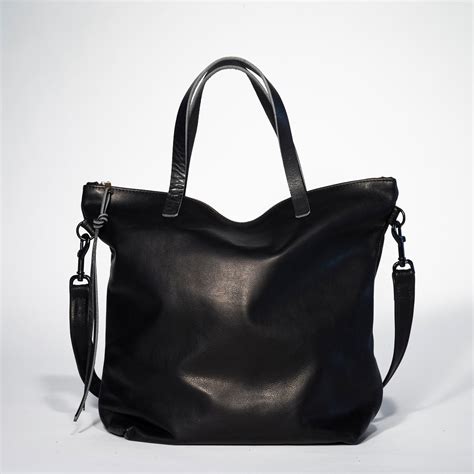 Large Black Leather Tote Bag Zipper Tote Black Leather Bag Etsy