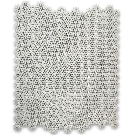 Afyon sugar tiles polished & beveled 12″x12″x3/8″. Carrara White Daisy Flower Pattern Mosaic Tile Honed ...