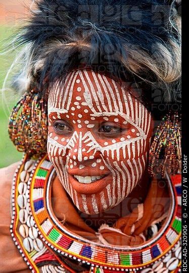 Kikuyu Woman With Face Paintings Jewel And Ornamental Headdress Kenya