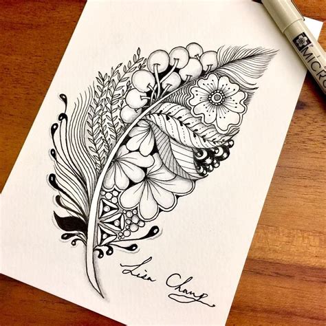 Feather Hand Drawn Zentangle Doodle Drawings By Lisa Chang Zentangle