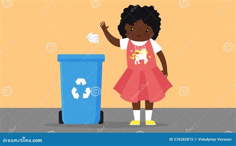 Little African American Girl Throwing Trash In The Trash Can Stock