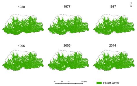 Forest Cover Of Bhutan 1930 1977 1987 1995 2005 And 2014