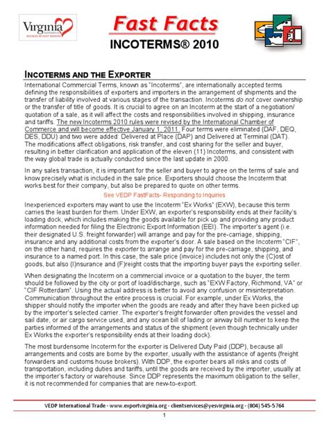 Fast Facts Incoterms 2010 Virginia Pdf Supply Chain Management