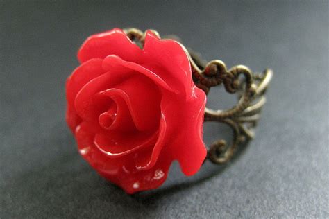 Red Rose Ring Red Flower Ring Filigree Adjustable Ring Etsy