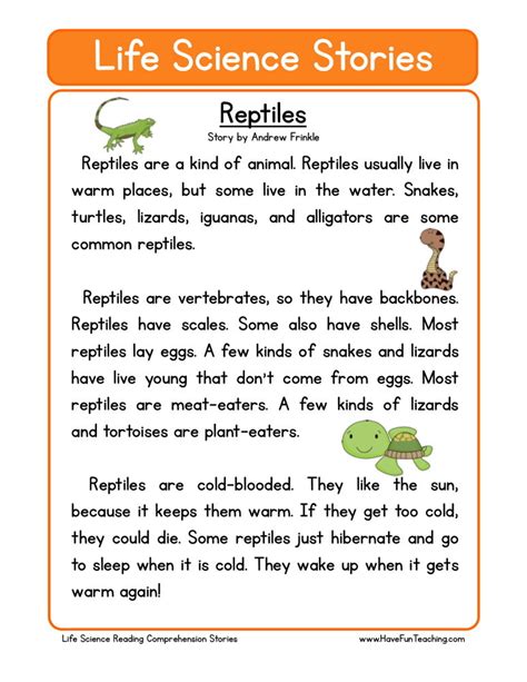 Science worksheets for grade 1. Reading Comprehension Worksheet - Reptiles