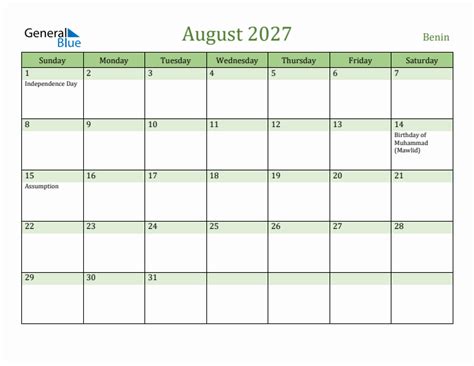 August 2027 Monthly Calendar With Benin Holidays