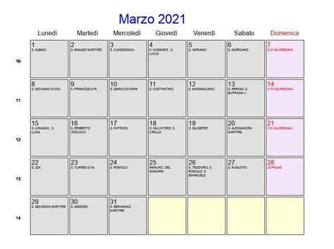 Calendario Marzo 2021 Con Festività E Fasi Lunari Quaresima