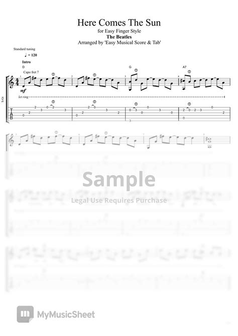 The Beatles Here Comes The Sun Tab For Easy Finger Style Tab 1staff By Easy Musical Score