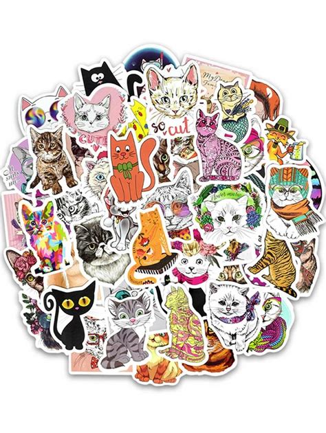 50pcs Cute Cat Print Sticker Romwe Cool Laptop Stickers Cat