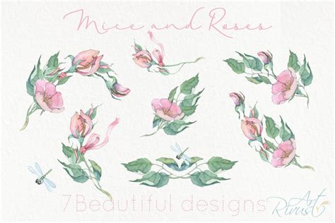 Cute Watercolor Mouse Clipart Pack Wild Rose Clip Art Mothers Etsy