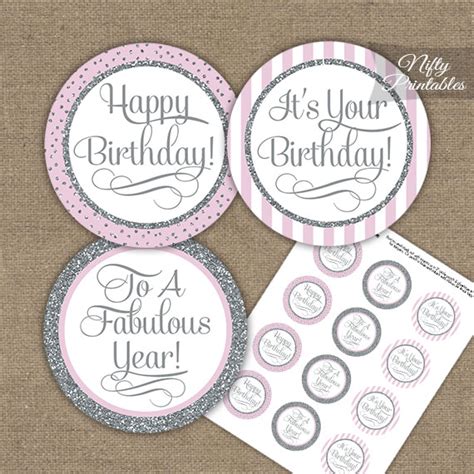 Happy Birthday Cupcake Toppers Pink Silver Stripe Nifty Printables