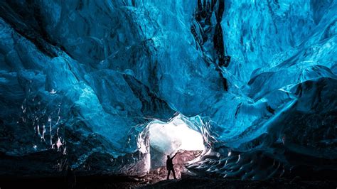 Download 1920x1080 Cave Blue Ice Crystals Man Glowing