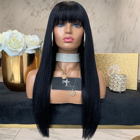 Long Straight Natural Black Wig With Bangs Black Wig For Etsy