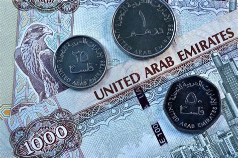 Close Up Dirhams Currency Aed Bank Note And Coins United Arab