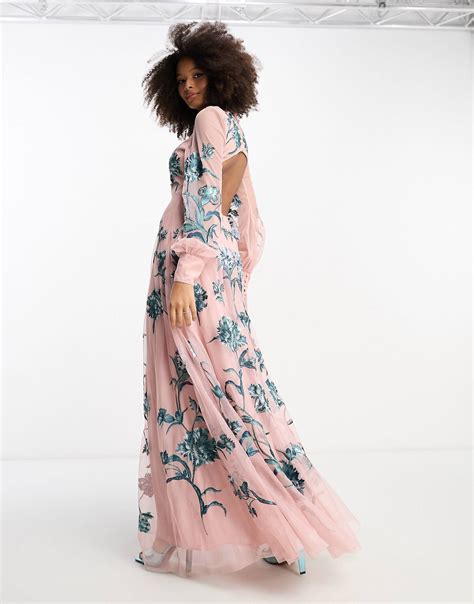 Asos Edition Blouson Sleeve Floral Embroidered Maxi Dress With Open