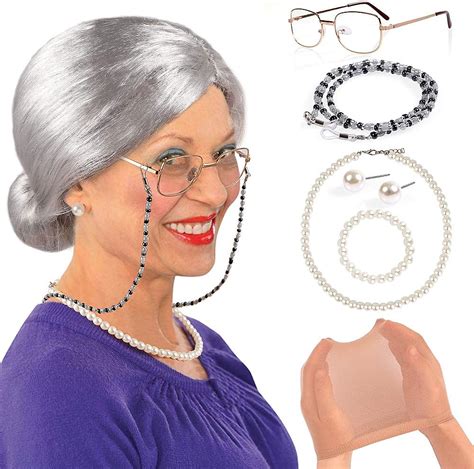 old lady cosplay set grandmother wig wig caps madea granny glasses clothing