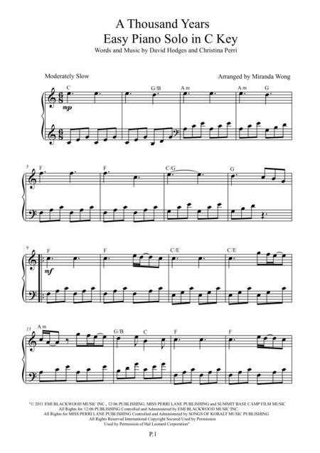 Download A Thousand Years Easy Piano Solo In C Key Sheet