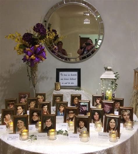 A Table Topped With Pictures And Candles Next To A Mirror