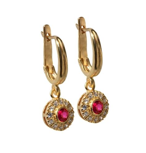 Ruby Earrings 14k Yellow Gold Ruby Earrings Drop Diamonds Earrings