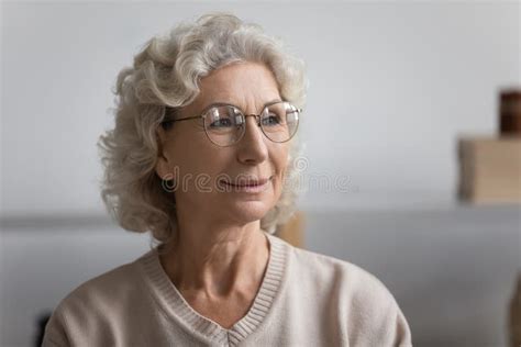 Headshot Portrait Elderly Woman In Glasses Look Into Distance Stock Image Image Of Eyeglasses