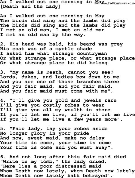 Old English Song Lyrics For As I Walked Out One Morning In May With PDF