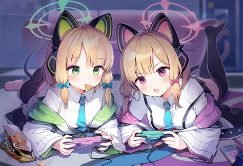 2girls Animal Ears Blonde Hair Blue Archive Blush Food Green Eyes