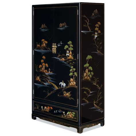 Black Laquer Chinoiserie Scenery Armoire China Furniture