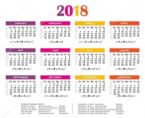 2018 Colorful Yearly Calendar American Colors Federal Holidays Moon