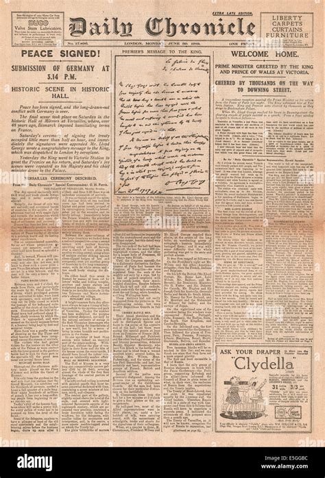 1919 Daily Chronicle Front Page Reporting The Signing Of The Treaty Of