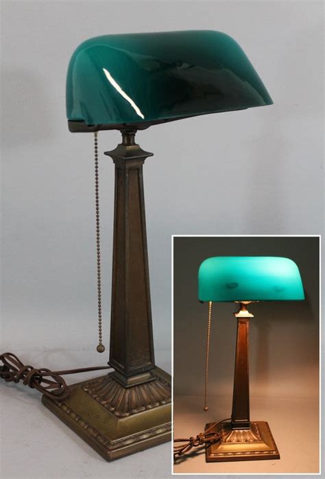 Antique Emeralite Table Desk Lamp Cased Green Glass Shade And Brass Base Ebay