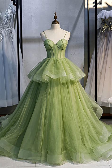 Hand Made Sage Green Tulle Prom Dress Spaghetti Straps Etsy Uk